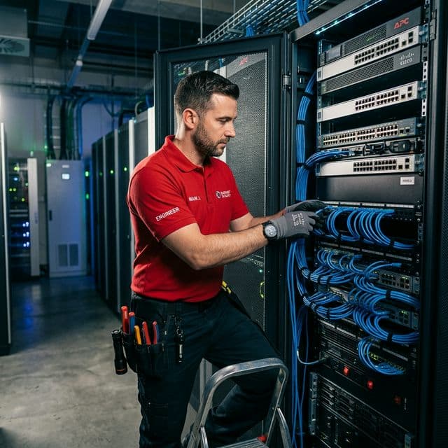 Security engineer installing cables